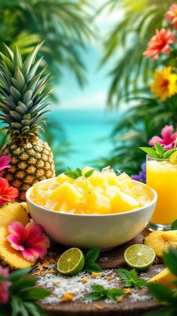 A bowl of Tropical Paradise Pineapple Punch with fresh pineapple chunks, surrounded by flowers and a glass of punch.