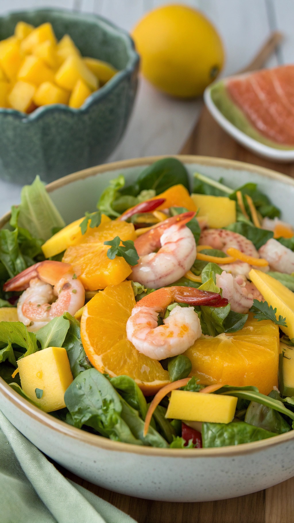 A vibrant Tropical Shrimp and Mango Salad with shrimp, mango, orange slices, and mixed greens in a bowl.