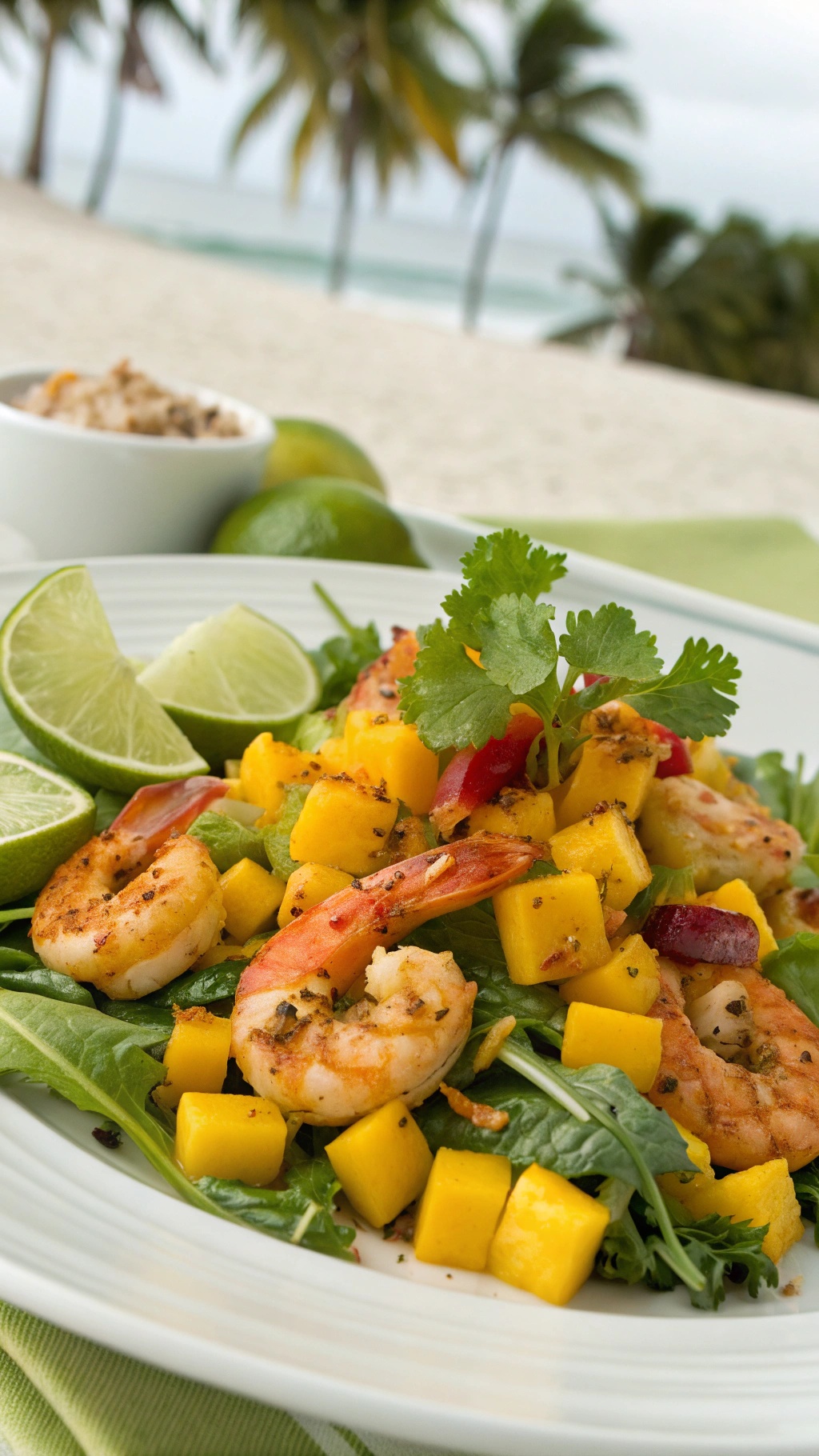 A colorful tropical shrimp and mango salad with fresh greens, shrimp, and lime wedges on a plate.