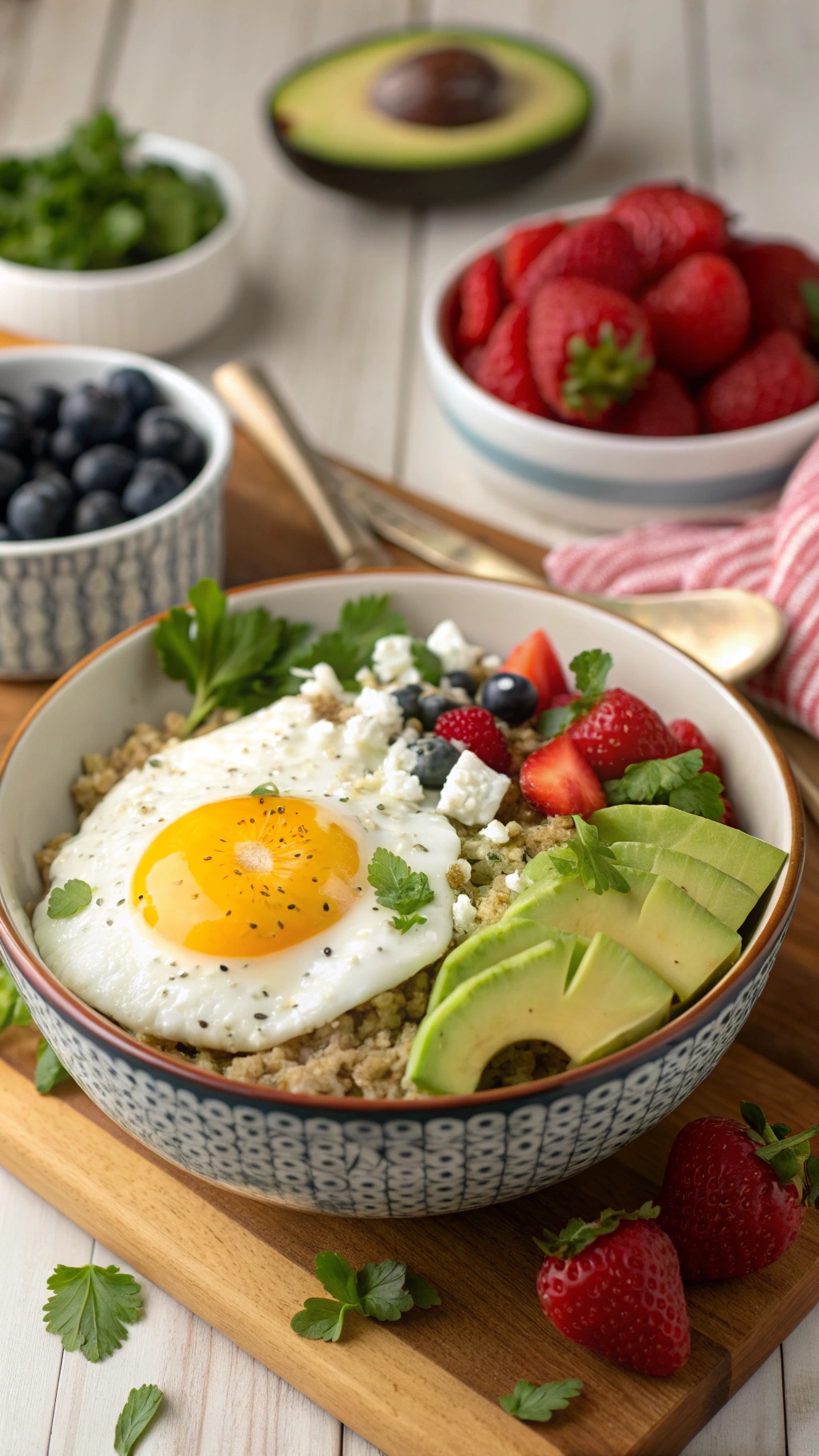 A colorful breakfast bowl with quinoa, a fried egg, avocado, and mixed berries.