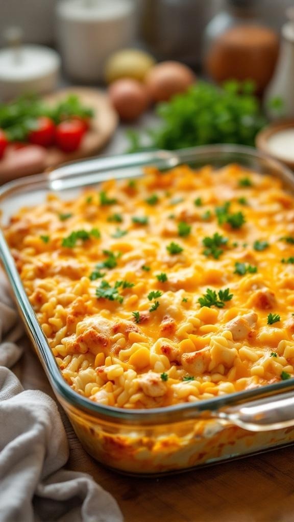 A delicious chicken and rice casserole topped with cheese and parsley, ready to be served.