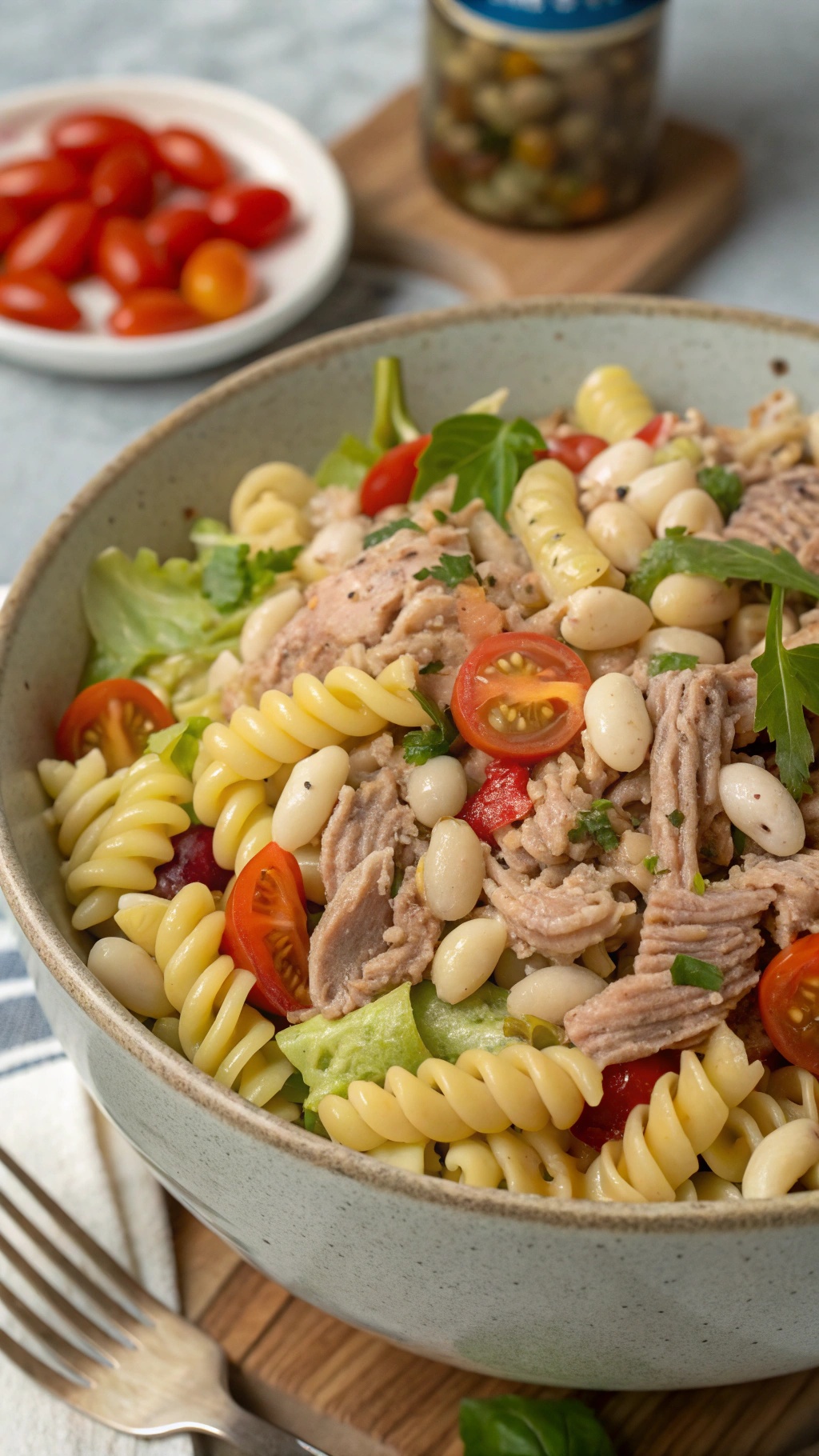 A bowl of Tuna and White Bean Pasta Salad with rotini pasta, cherry tomatoes, and greens.