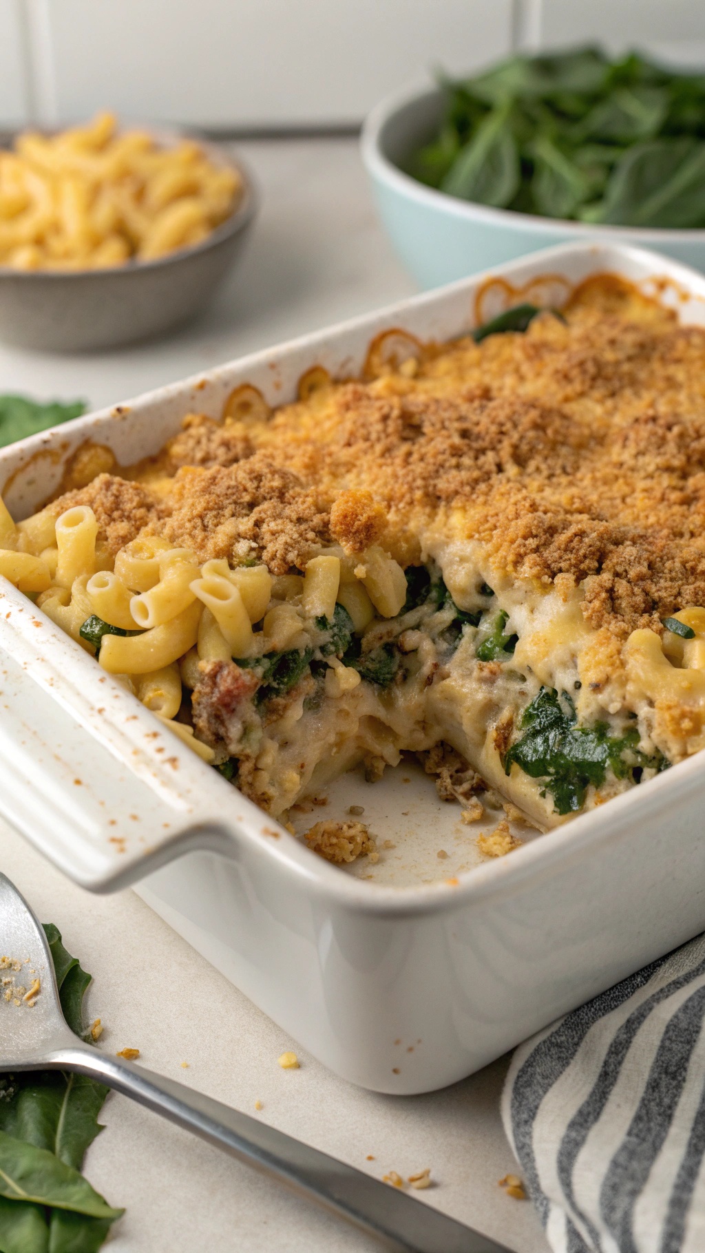 A delicious Turkey and Spinach Mac and Cheese Bake in a white casserole dish, with a crispy breadcrumb topping and visible pasta and spinach.