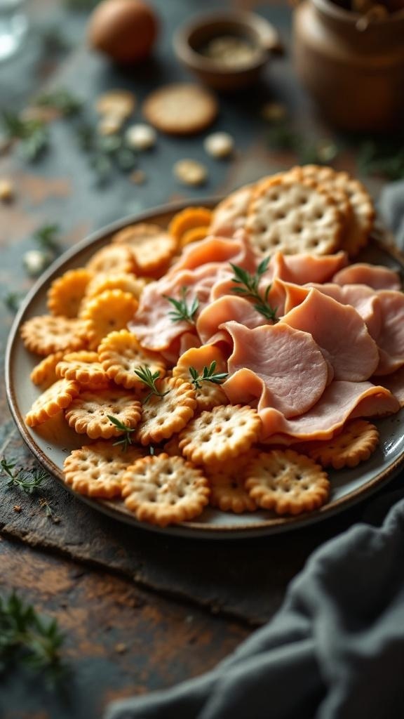 A plate of sliced turkey and whole grain crackers garnished with herbs.