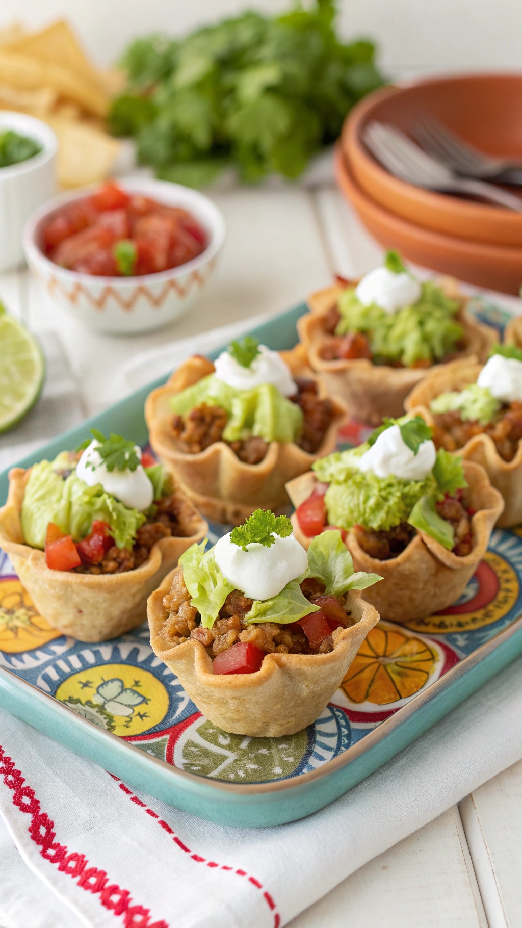 A colorful platter of turkey taco cups topped with lettuce, tomatoes, and salsa verde.