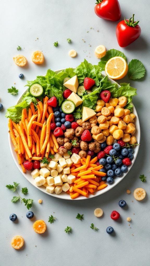 A colorful plate filled with fresh fruits and vegetables, showcasing balanced nutrition.