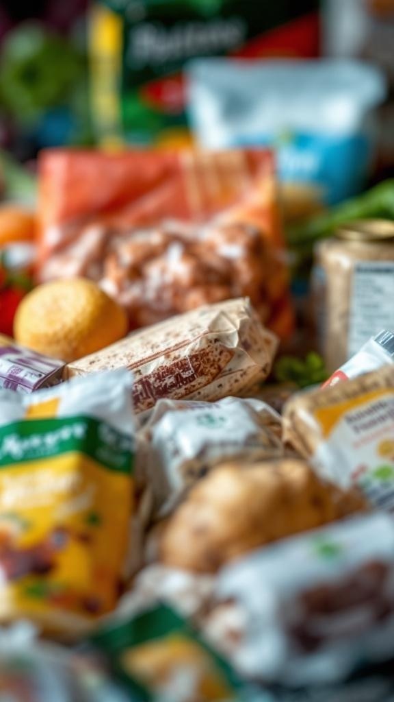 A variety of food packages with labels showing ingredients and nutrition facts.