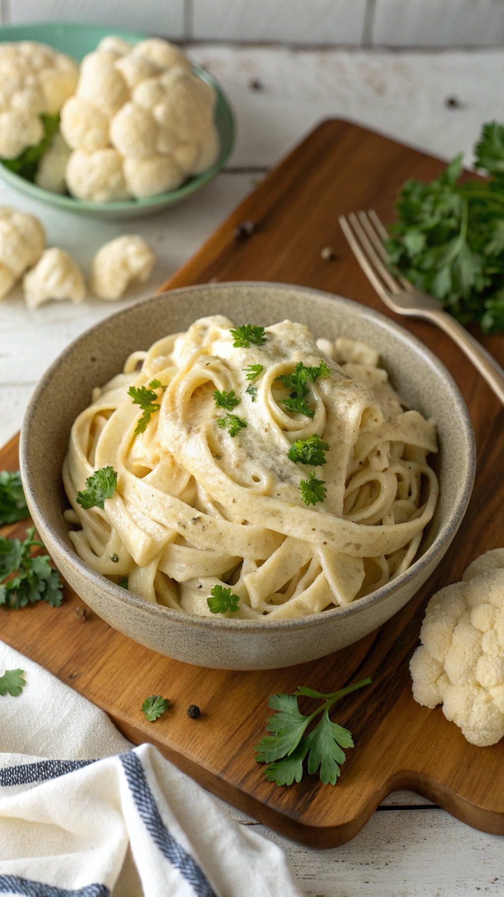 A bowl of Vegan Alfredo Pasta with Cauliflower, garnished with parsley.