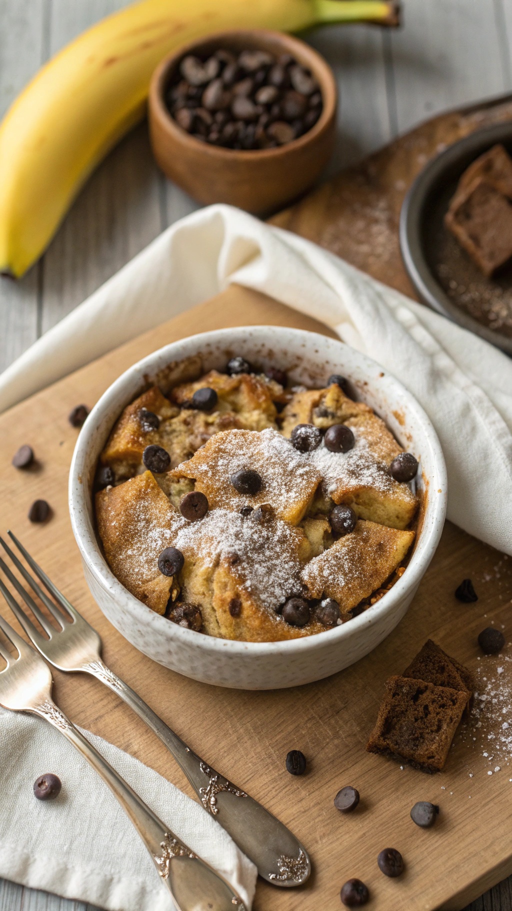 A bowl of Vegan Banana Chocolate Chip Bread Pudding with chocolate chips and a banana in the background.