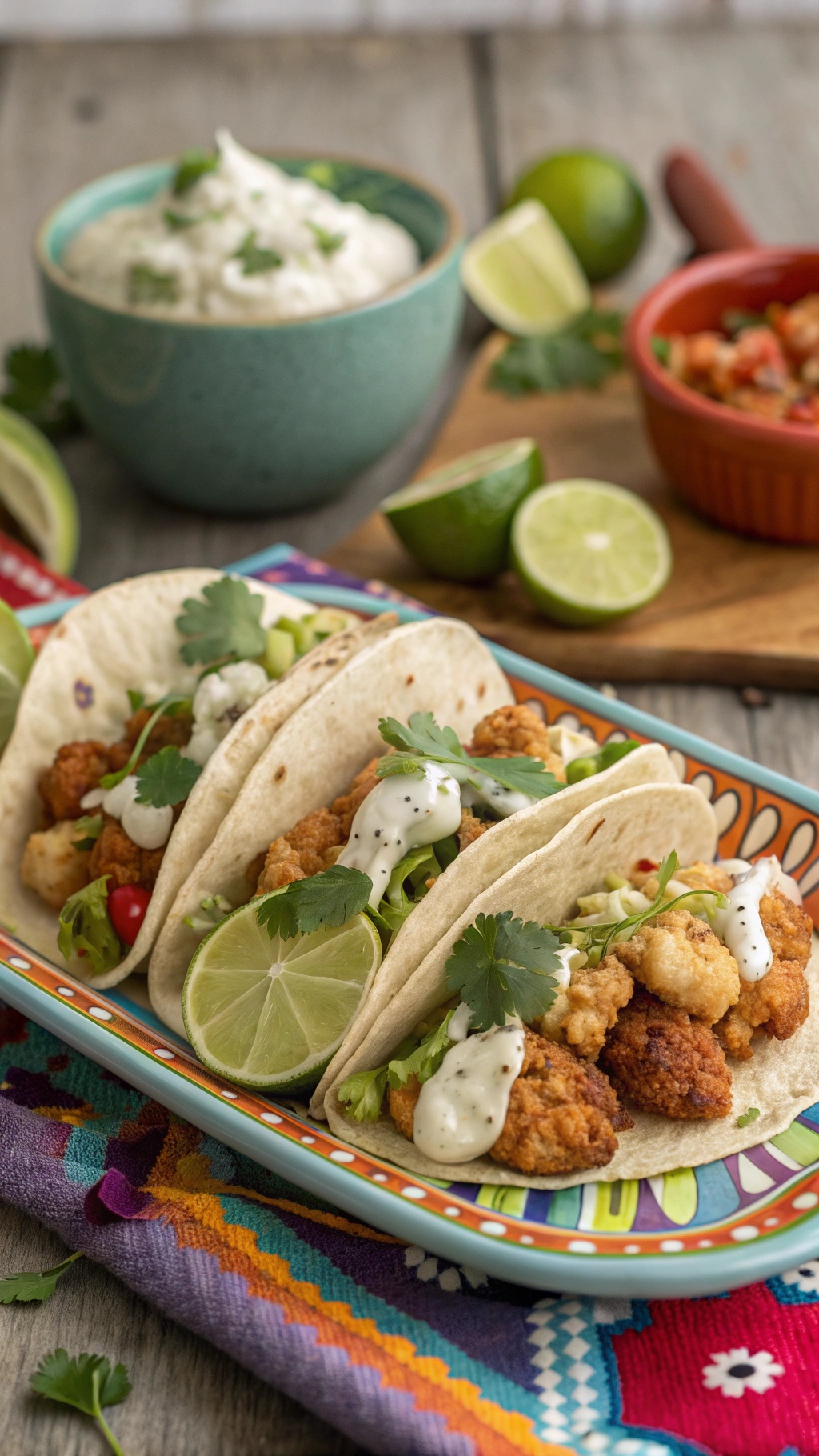 Vegan cauliflower tacos with lime crema, garnished with cilantro and lime wedges.