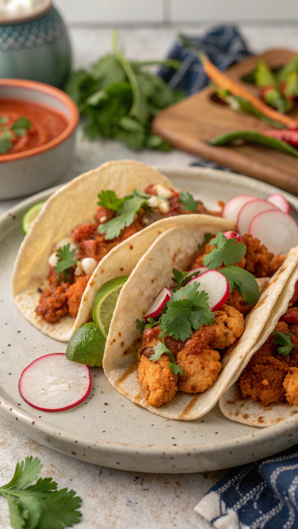 Vegan cauliflower tacos topped with cilantro and radishes on a plate