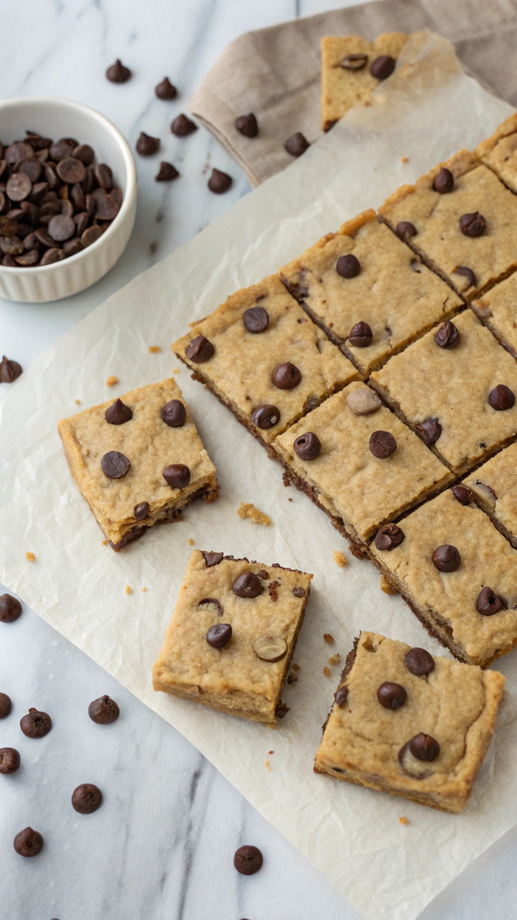 Vegan chocolate chip cookie dough bars cut into squares, with chocolate chips scattered around.