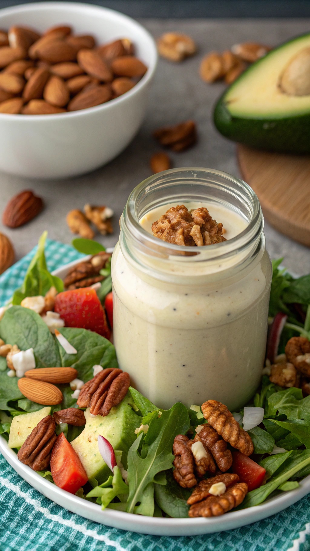 A jar of creamy vegan dressing surrounded by nuts and a fresh salad.
