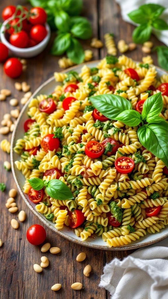 A vibrant Vegan Pesto Pasta Salad with rotini pasta, cherry tomatoes, and fresh basil on a wooden table.