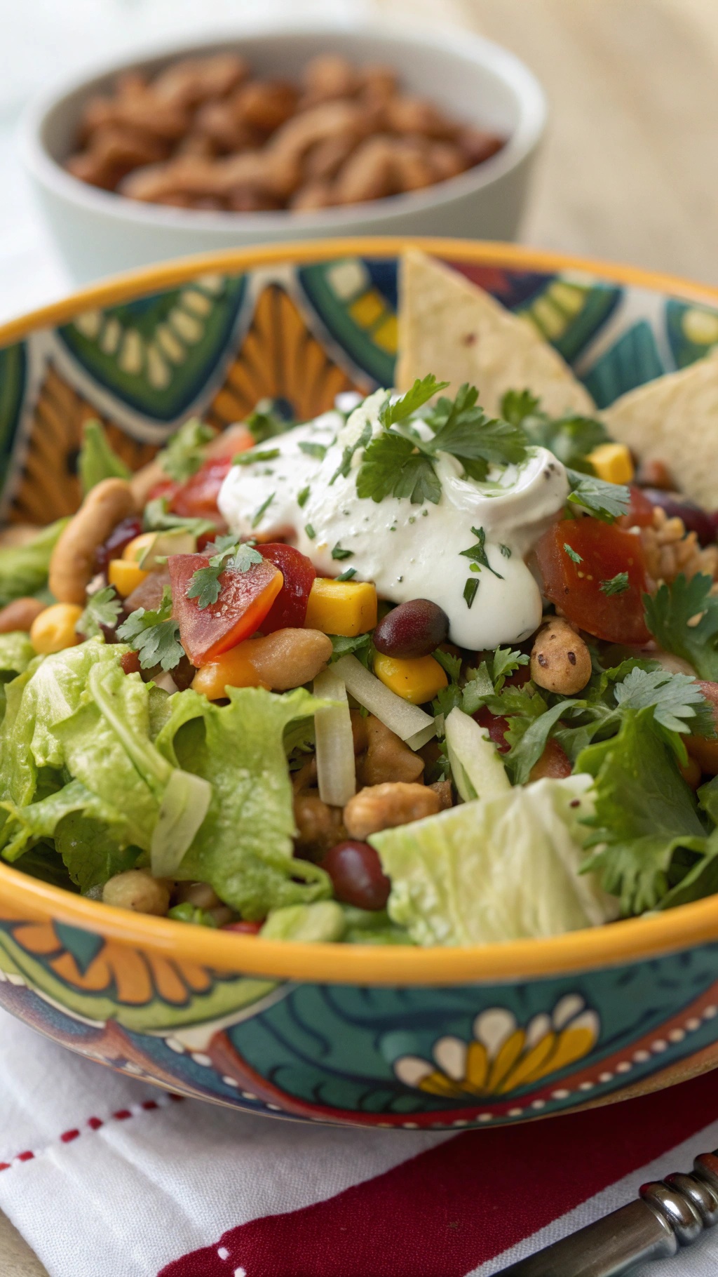 A colorful vegan taco salad topped with cashew cream, featuring lettuce, tomatoes, corn, beans, and tortilla chips in a decorative bowl.