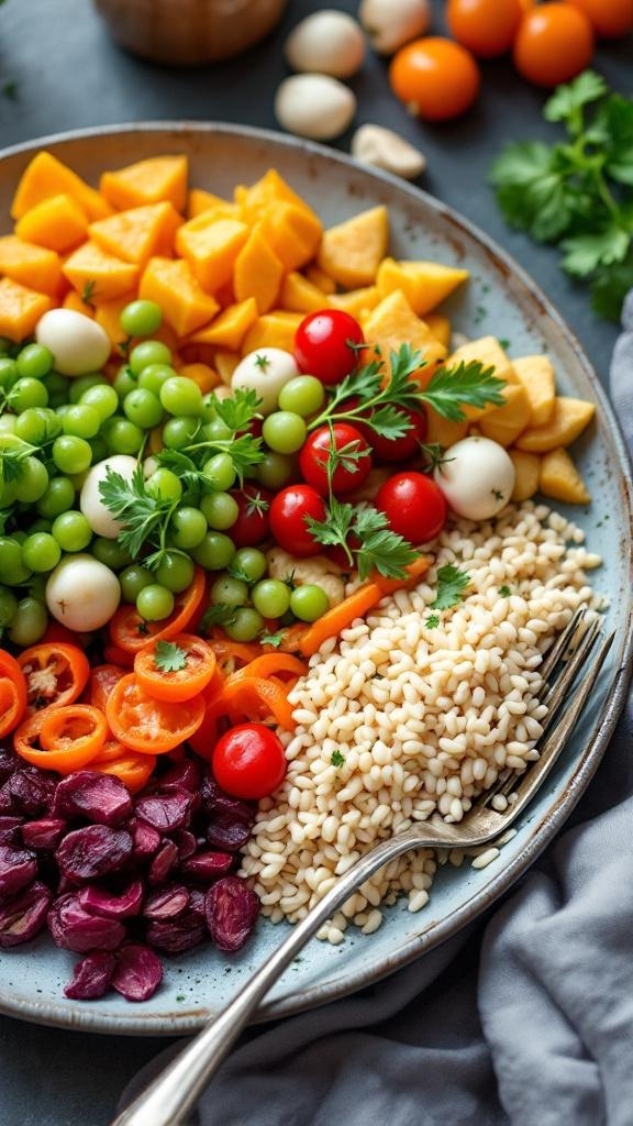 A colorful plate filled with various vegetables, grains, and herbs.