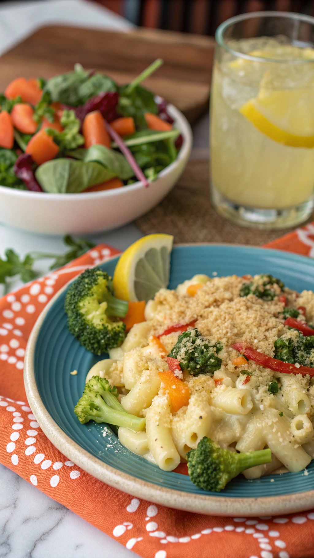 A colorful plate of vegetable-packed mac and cheese with broccoli and red bell peppers, served with a fresh salad and a drink.