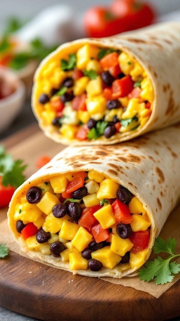 Vegetable and bean breakfast burrito filled with colorful ingredients