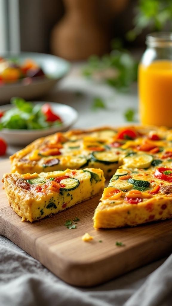 A delicious vegetable frittata with zucchini, bell peppers, and spinach, served on a wooden board with a fresh salad and orange juice.