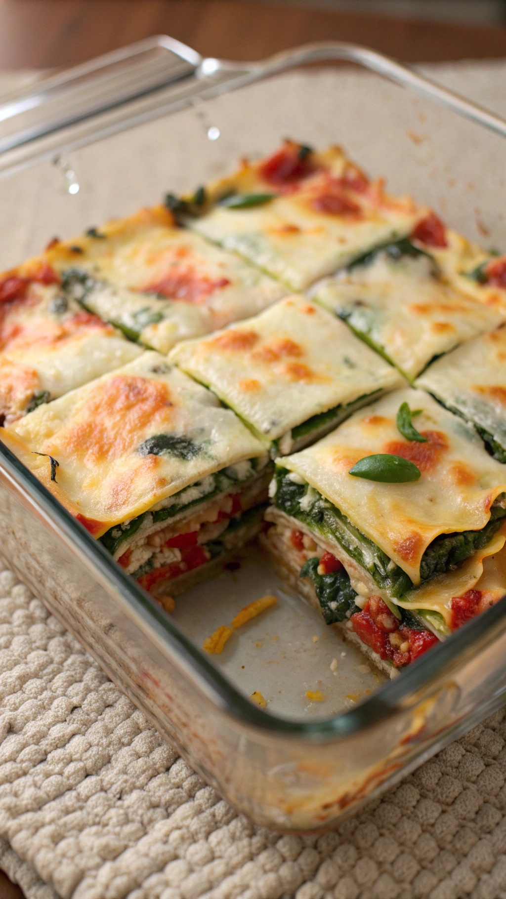 A delicious vegetable lasagna with layers of ricotta, spinach, and marinara sauce, baked to perfection.