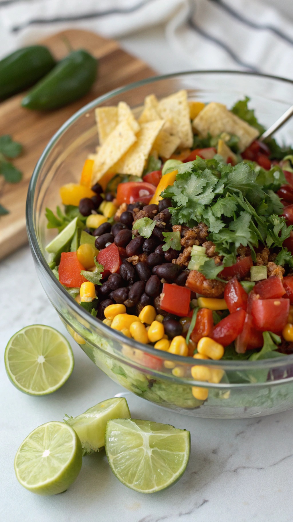 A vibrant vegetarian black bean taco salad with fresh vegetables, black beans, and tortilla strips.
