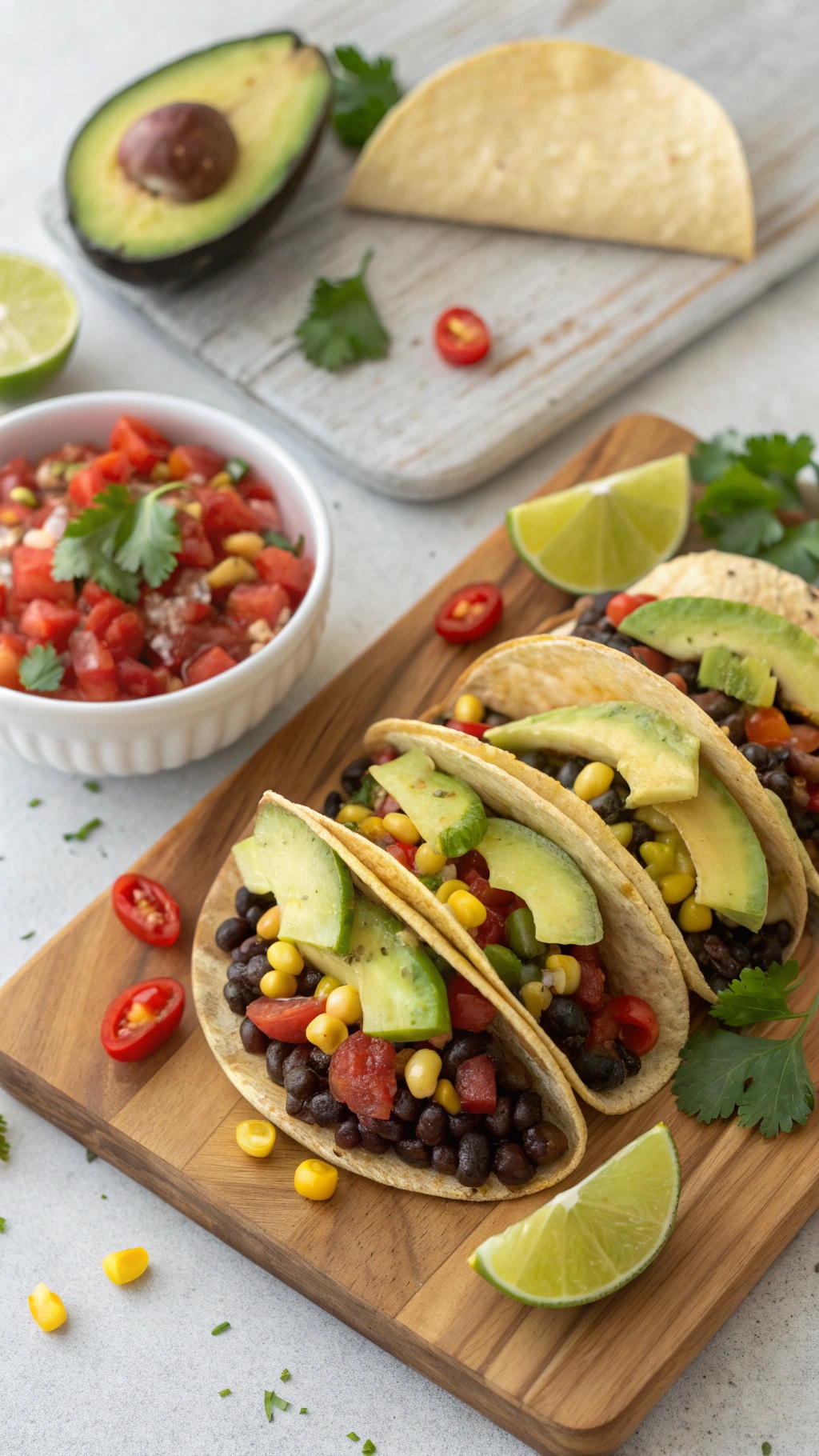 Black bean and corn tacos with avocado, lime, and salsa on a wooden board.
