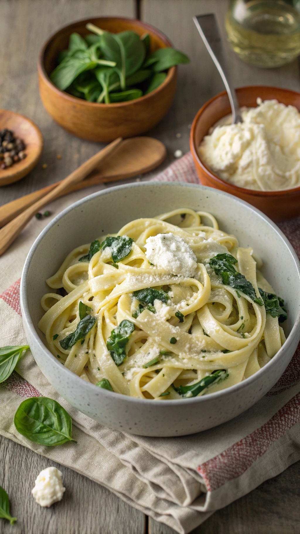 A bowl of vegetarian one-pot spinach and ricotta pasta with fresh spinach leaves and ricotta cheese on top.