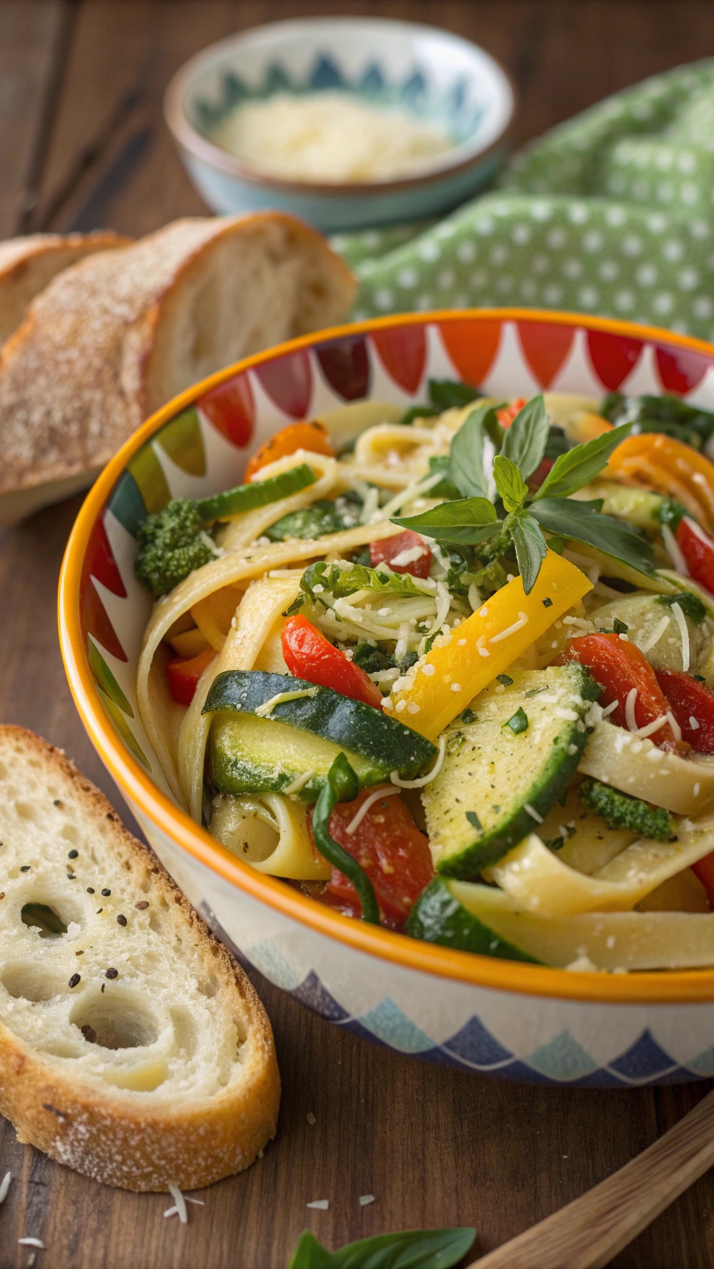 A colorful bowl of Vegetarian Pasta Primavera with fresh vegetables and a slice of bread