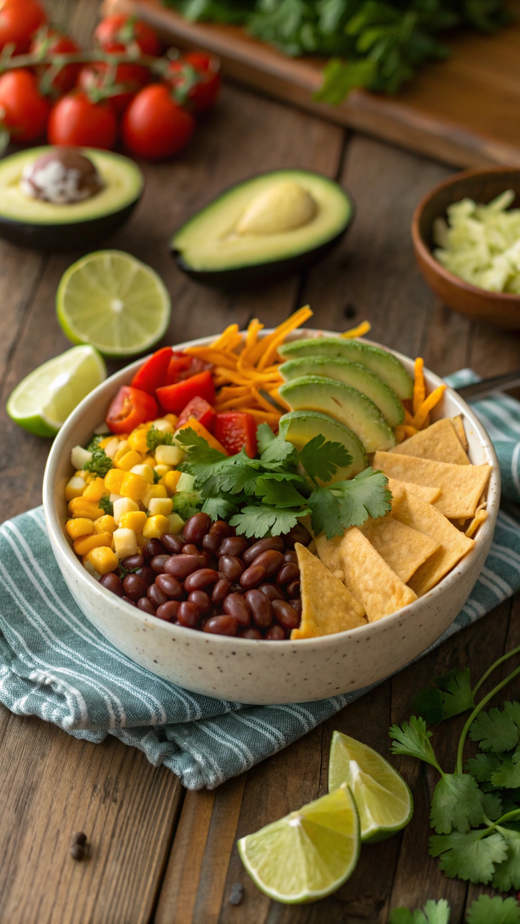 A colorful vegetarian taco salad bowl with black beans, corn, tomatoes, avocado, cheese, and tortilla chips.