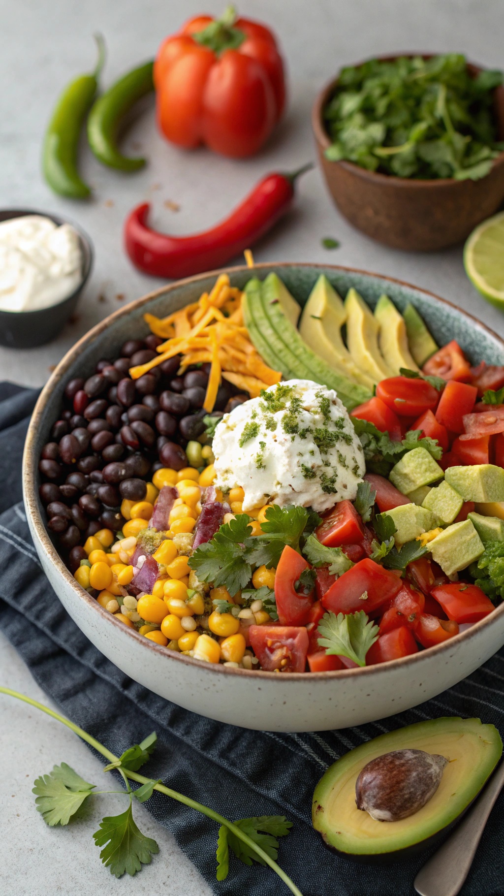 A colorful vegetarian taco salad with black beans, corn, diced tomatoes, avocado, cheese, and Greek yogurt.