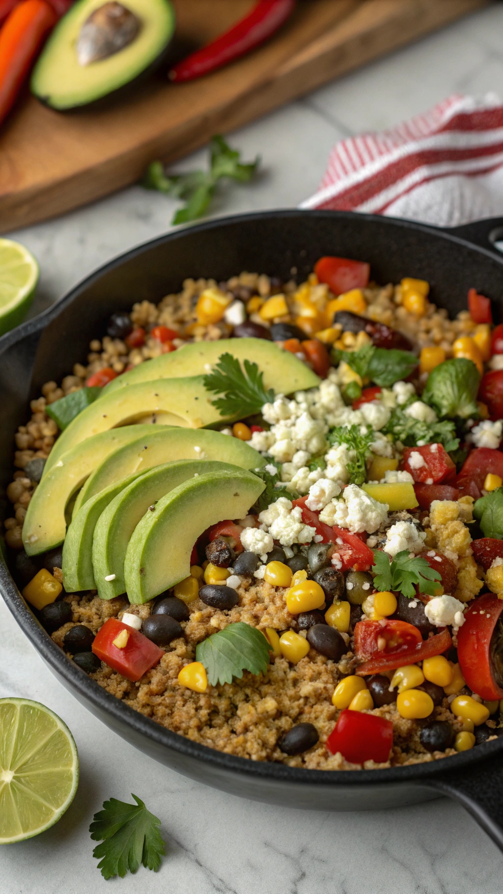 A colorful vegetarian taco salad skillet with quinoa, black beans, corn, diced bell peppers, cherry tomatoes, avocado slices, and cilantro.