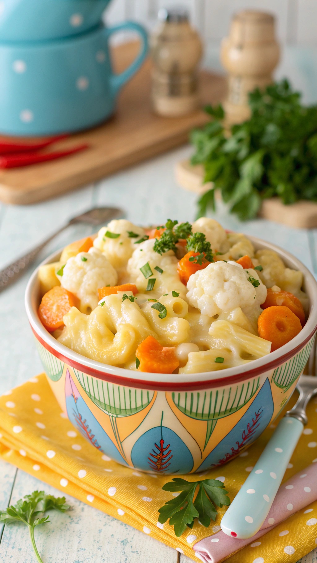 A colorful bowl of veggie-packed mac and cheese with cauliflower and carrots, garnished with fresh herbs.