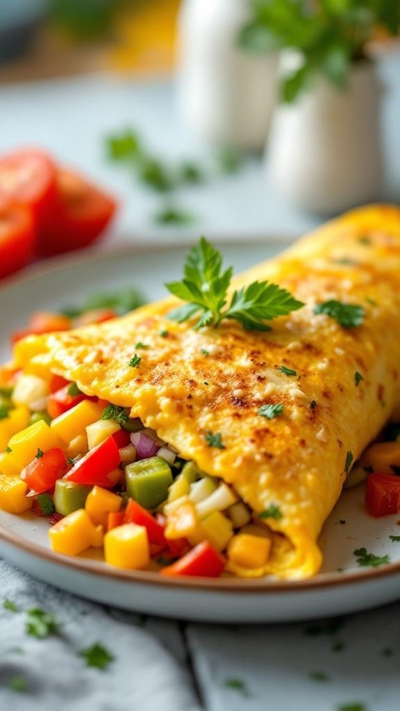 A colorful veggie omelette filled with diced peppers, onions, and cheese, garnished with parsley.