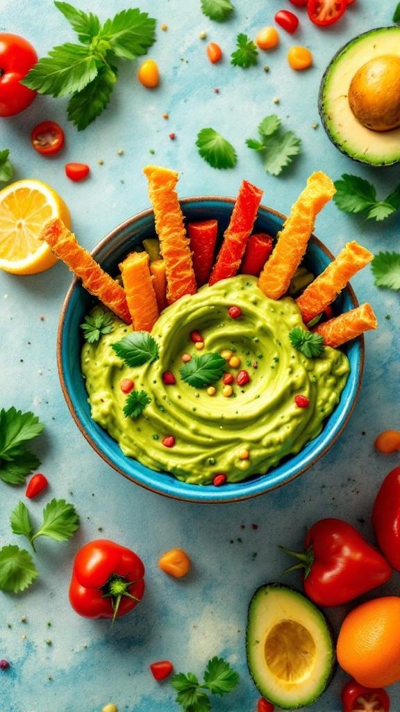 A bowl of guacamole surrounded by colorful veggie sticks and fresh ingredients.