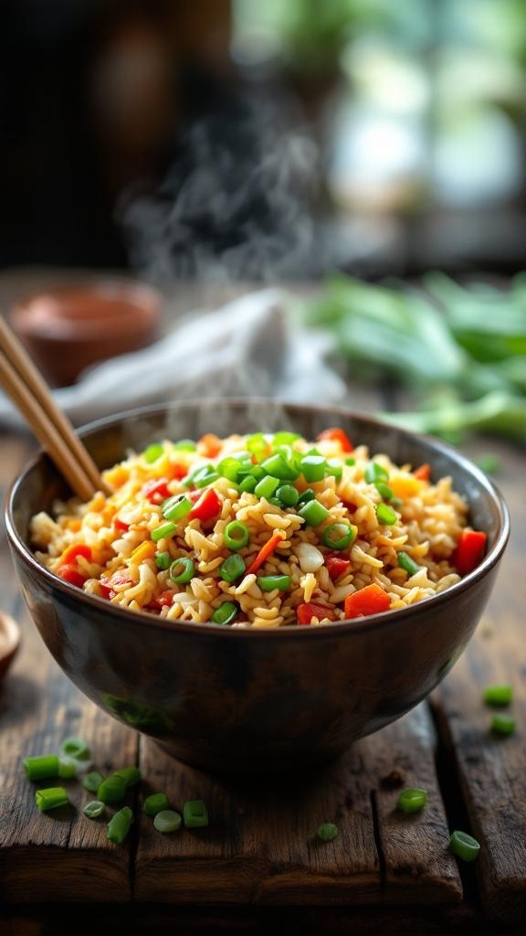 A bowl of colorful fried rice with vegetables and green onions on a wooden table.