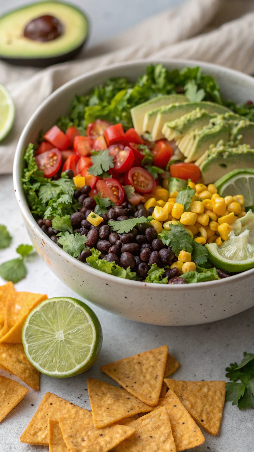 A vibrant vegan taco salad with black beans, corn, cherry tomatoes, avocado, and tortilla chips.