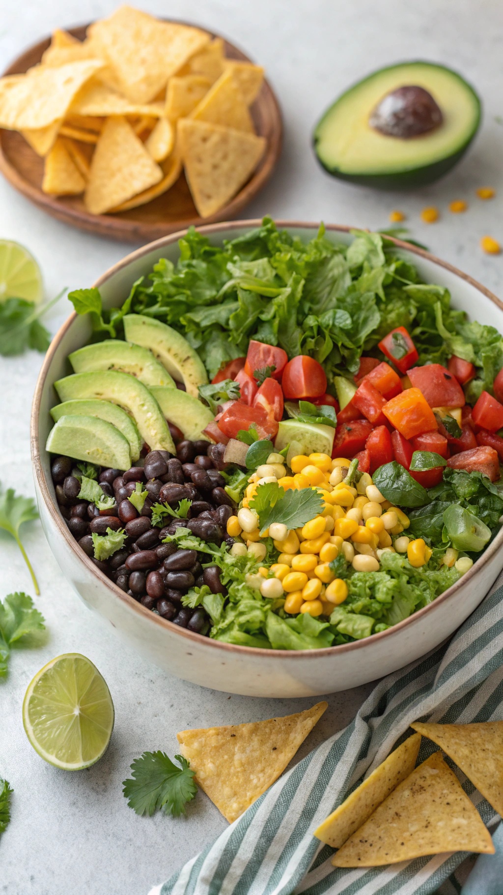 A vibrant vegan taco salad with black beans, corn, tomatoes, avocado, and tortilla chips.