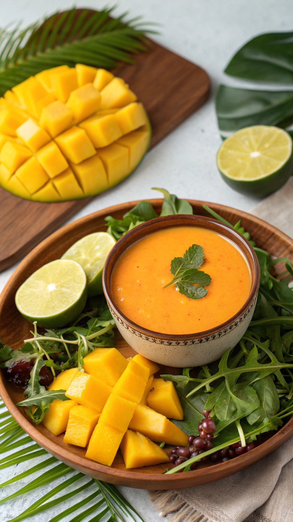 A bowl of vibrant mango dressing surrounded by fresh mango, lime, and greens.
