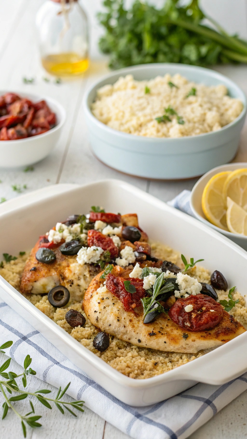 A dish of Mediterranean chicken with olives, sun-dried tomatoes, and couscous, garnished with parsley and feta cheese.