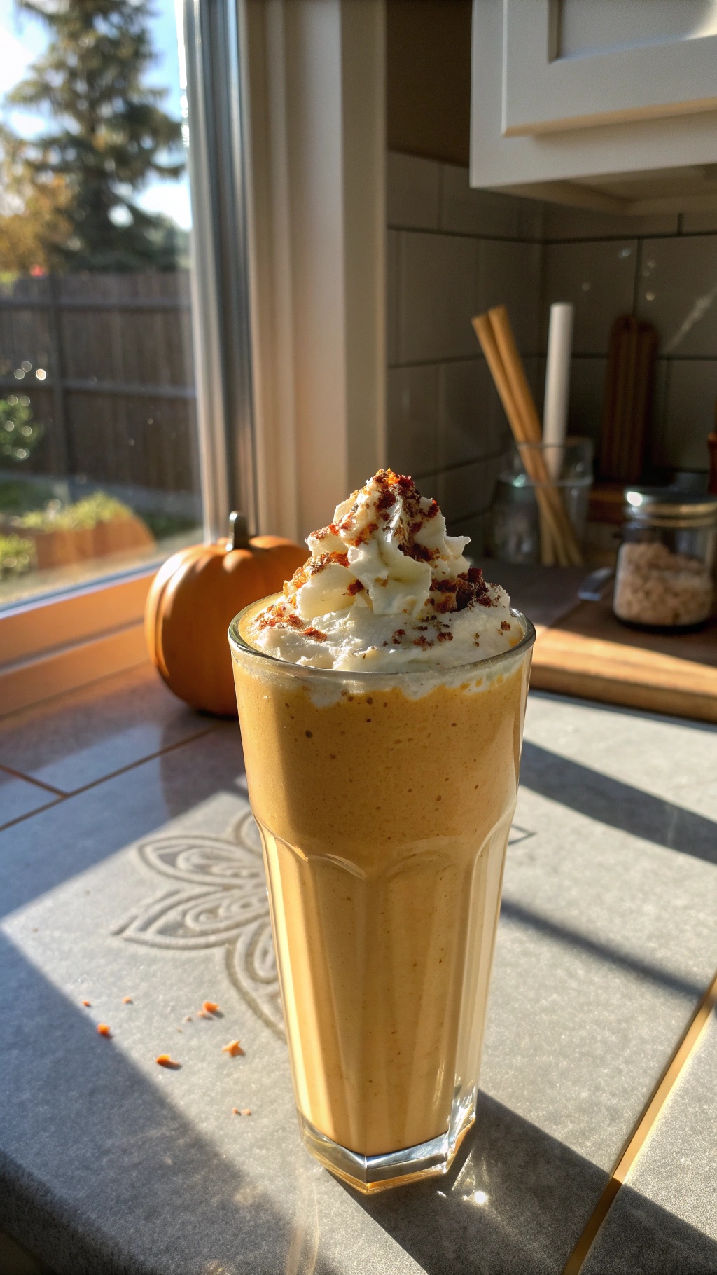 A delicious pumpkin smoothie topped with whipped cream and cinnamon, sitting on a kitchen counter with a pumpkin in the background.