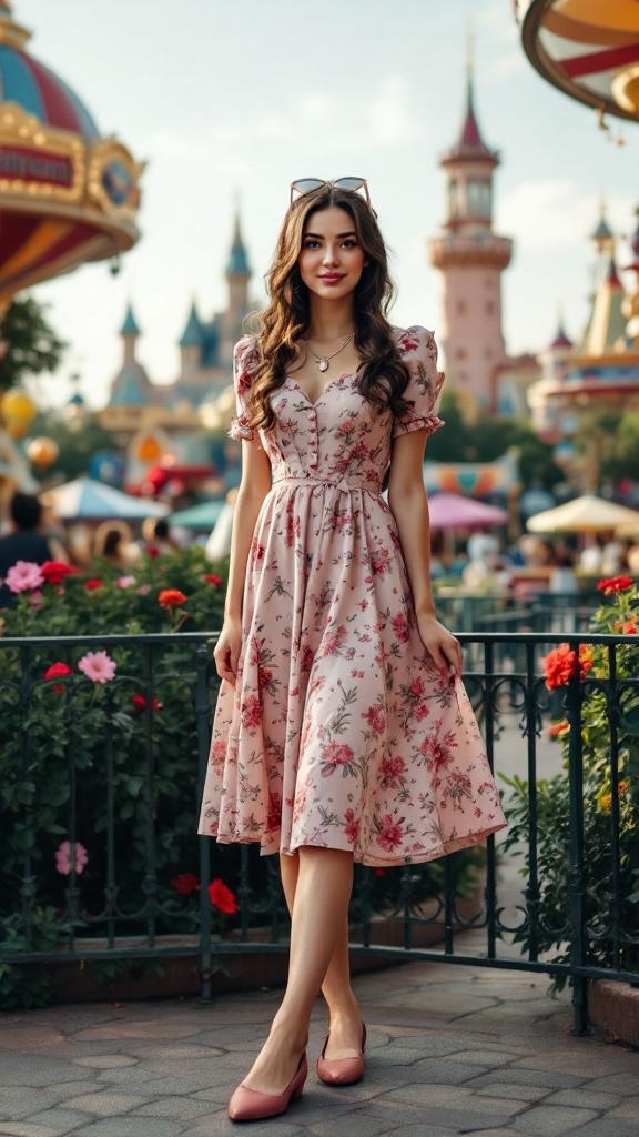 A woman in a vintage-inspired floral dress and comfortable flats standing in Disneyland.