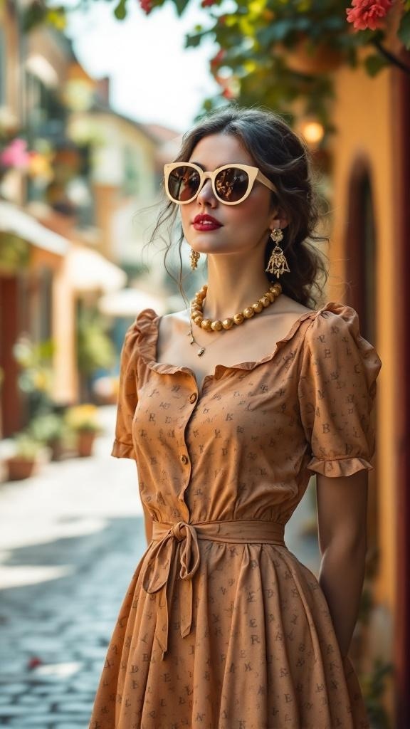A woman in a vintage-inspired dress with retro sunglasses, standing in a charming street.