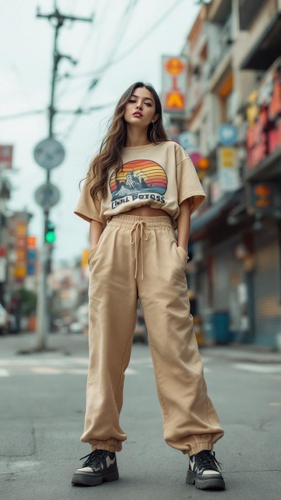 A young woman in beige vintage-inspired sweatpants and a graphic tee stands confidently on a city street.