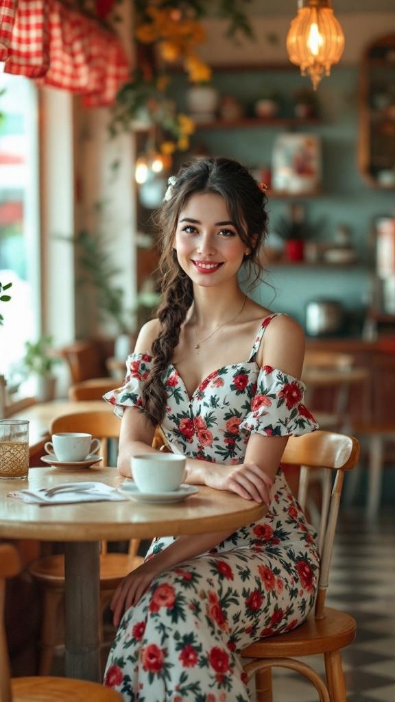 A woman in a retro floral dress sitting in a café, smiling at the camera.