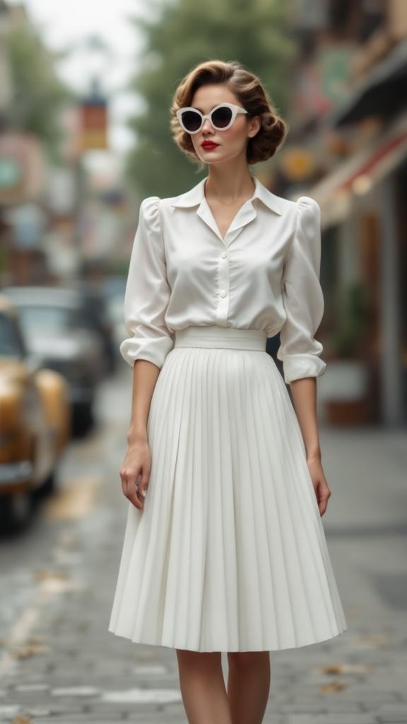 A woman in a white pleated skirt and blouse, showcasing vintage style with oversized sunglasses.