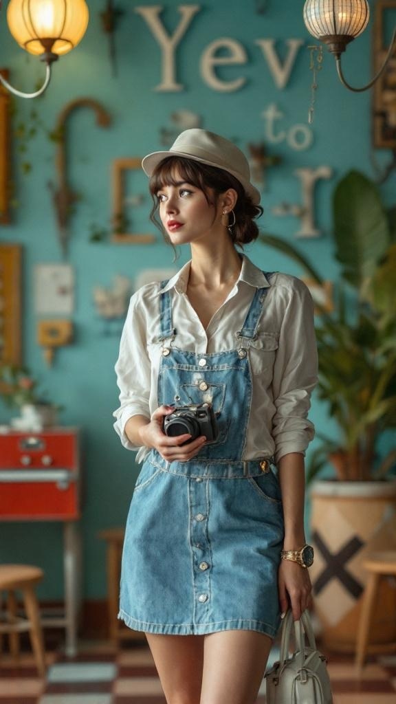 A woman in a denim skirt with a white shirt, wearing a hat and holding a camera, standing in a colorful cafe.