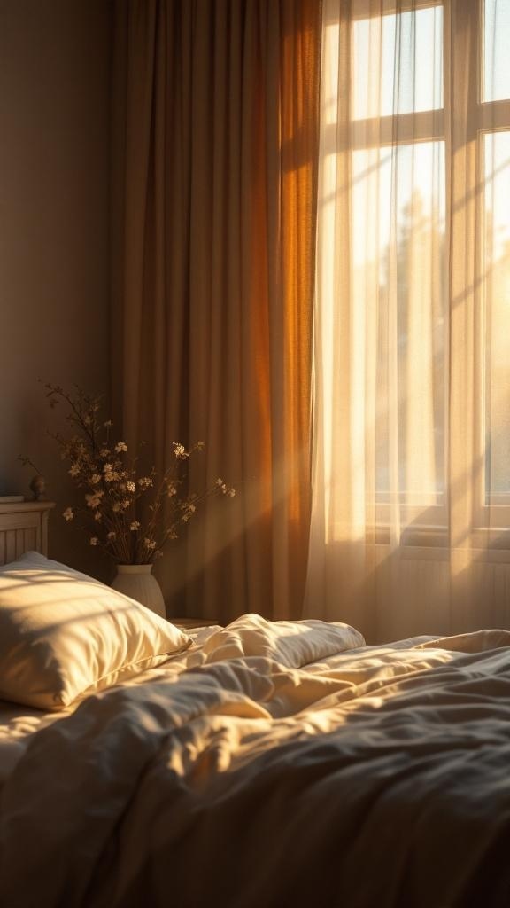 A person waking up in bed with sunlight streaming through a window.