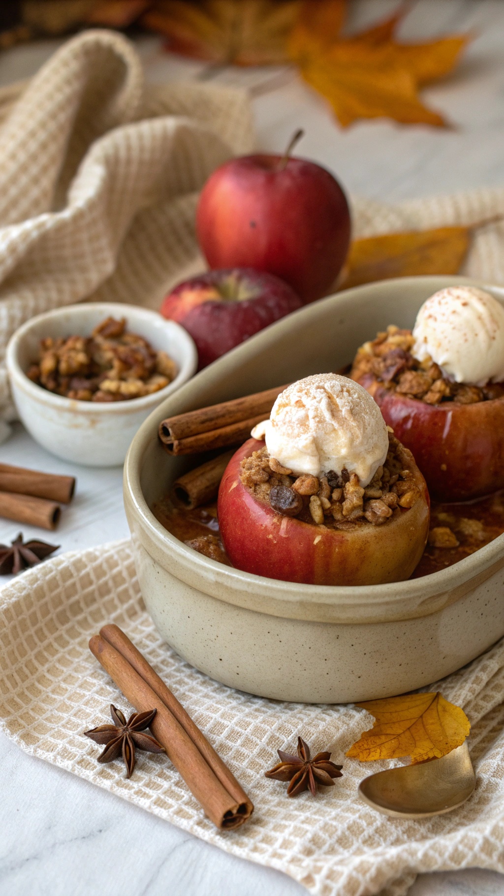 Baked apples with cinnamon and ice cream, surrounded by cinnamon sticks and star anise.