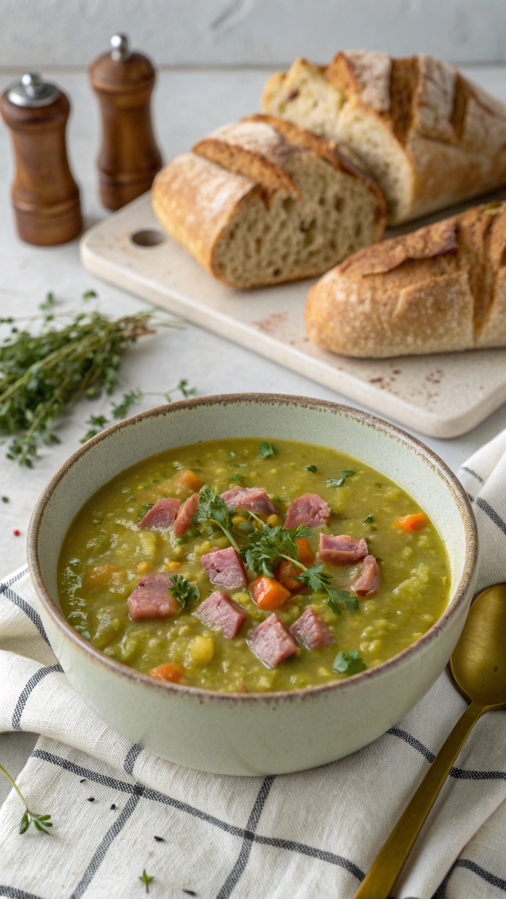 A bowl of split pea soup with ham, garnished with herbs, next to slices of bread.