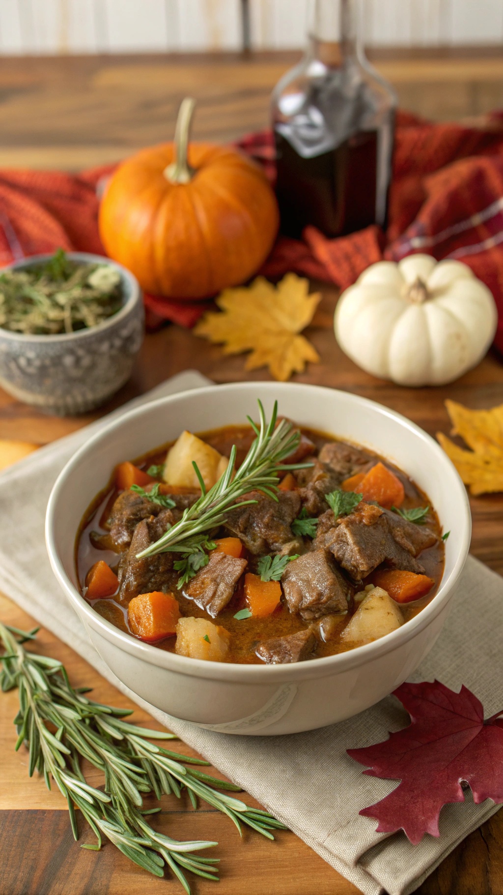 A bowl of warm beef stew with vegetables, garnished with herbs, surrounded by autumn decorations.